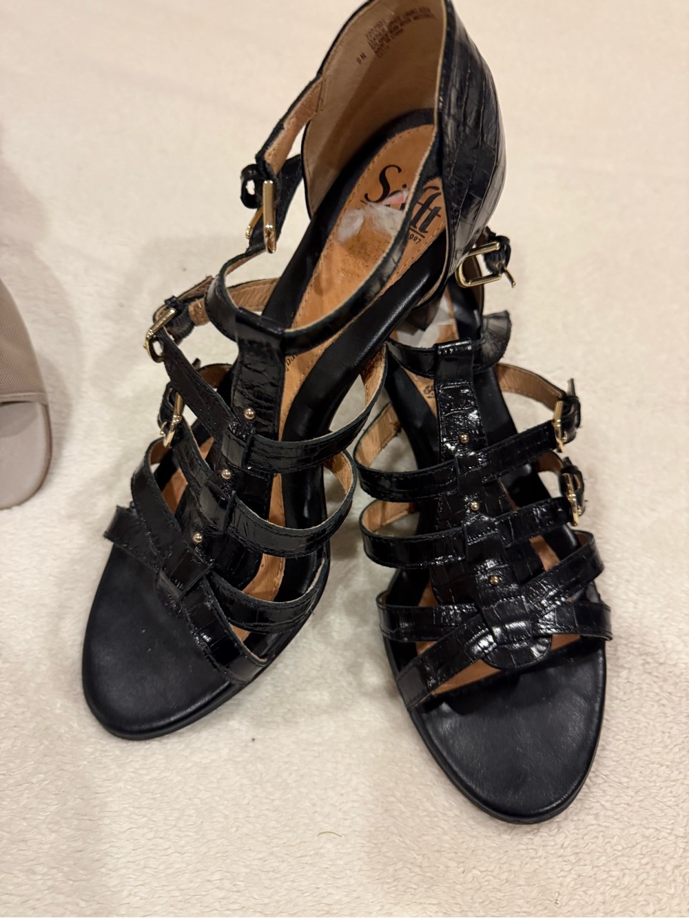 Sofft Black Patent Multi-Strap Heels with Gold Buckles